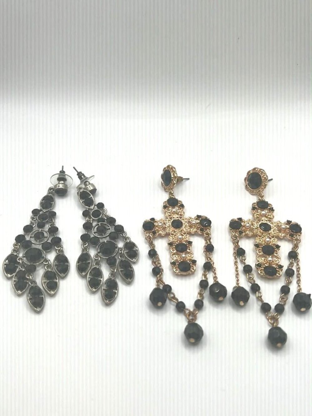 Black Stone Statement Earrings Bundle – 2 Pair Set, Excellent Condition